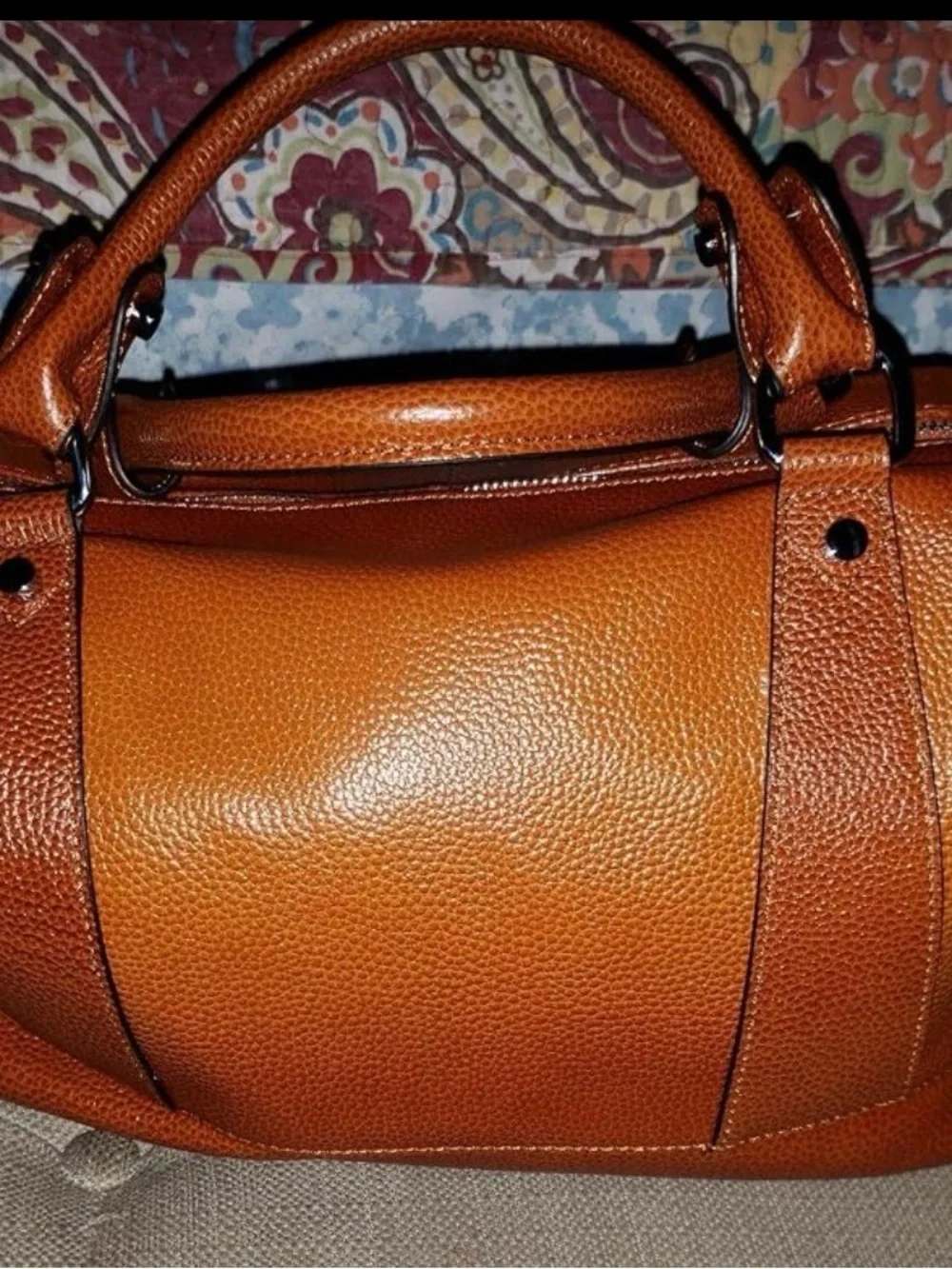 Women’s Genuine Leather Two Tone Satchel Tote Bag Cognac Brown Crossbody